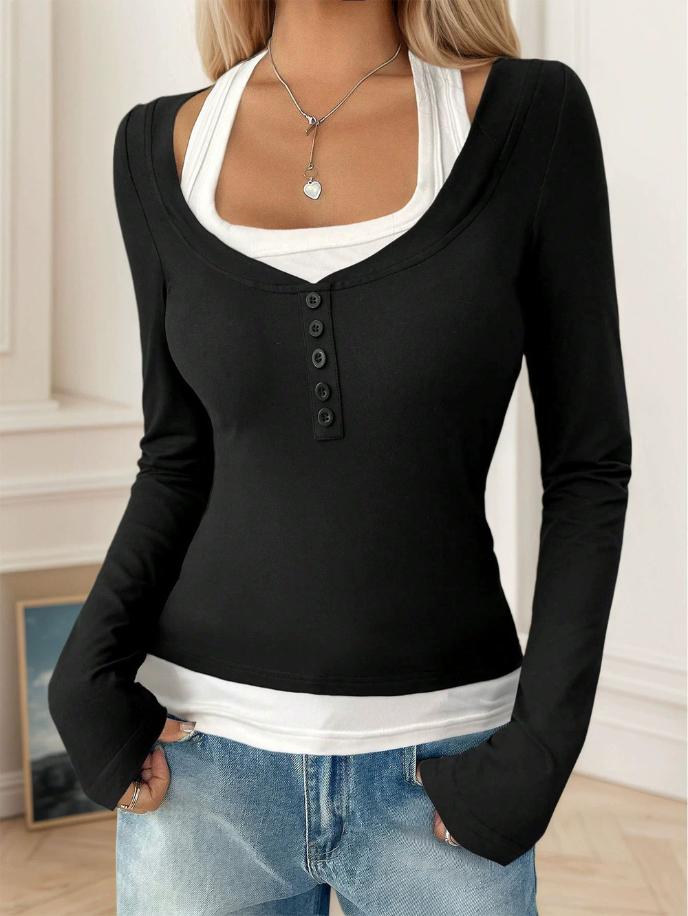 ZARA Spring Summer 2-Piece Color Block Long Sleeve Milk Silk Slim Fit Tops